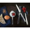 Sobre una mesa de madera oscura, el sofisticado Juego de Cubiertos Opinel Colección Perpétue de 16 piezas adorna un plato negro con su cuchillo, tenedor y cuchara. Acompañan este decorado una rebanada de pan, un huevo, porciones de crema batida adornadas con frambuesas, semillas dispuestas sobre un mantel y frambuesas frescas presentadas elegantemente sobre una cuchara.