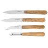 El Set de Cuchillos Opinel Les Essentiels Olivo 4 piezas incluye herramientas de cocina con mangos de madera: un cuchillo de filo recto, un cuchillo de sierra, un cuchillo para pelar con hoja curva y un pelador de verduras. Cada uno cuenta con una hoja afilada de acero inoxidable para cortar y pelar fácilmente.
