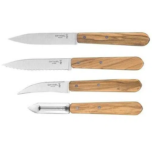 El Set de Cuchillos Opinel Les Essentiels Olivo 4 piezas incluye herramientas de cocina con mangos de madera: un cuchillo de filo recto, un cuchillo de sierra, un cuchillo para pelar con hoja curva y un pelador de verduras. Cada uno cuenta con una hoja afilada de acero inoxidable para cortar y pelar fácilmente.