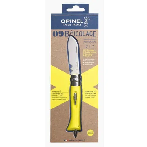El Cuchillo Opinel N°9 Multiusos se presenta en un embalaje que resalta su multifuncionalidad. Con un mango amarillo y un destornillador integrado, es ideal para proyectos de bricolaje. Esta práctica herramienta está orgullosamente fabricada en Francia, lo que enfatiza su diseño para un uso versátil.