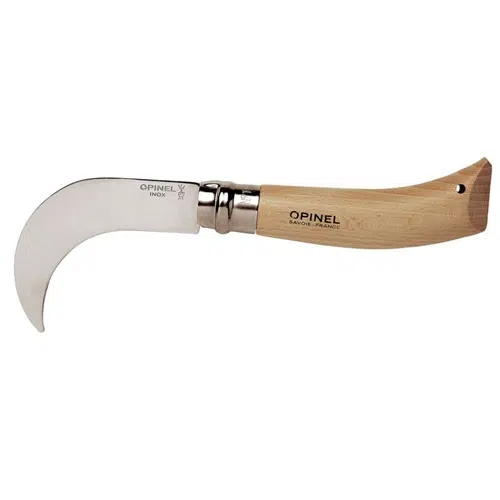 Cuchillo de jardinería Cuchillo Opinel N°10 Corquete con hoja metálica curvada y mango de madera marcado con la marca "Opinel" y "Made in France", ideal para podar o cosechar.