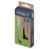 El embalaje del Cuchillo Opinel N°8 Setas destaca su elegante hoja curva acompañada de un mango de madera y un cepillo. La caja muestra de forma destacada la marca y la información del producto, incluida la frase "Hecho en Francia".