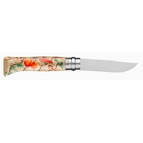 El Cuchillo Opinel N°8 Nature Rommy González es un cuchillo plegable adornado con un vibrante patrón floral y vegetal en su mango. Presenta colores brillantes y diseños intrincados, con la hoja extendida para mostrar su acabado de metal pulido.
