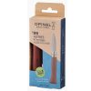 El embalaje del Cuchillo Opinel N°9 Ostras presenta una ilustración de este elegante cuchillo plegable para ostras con mango de madera. En el interior, incluye un folleto con consejos. Fabricado en Francia, esta herramienta está diseñada específicamente para ostras y mariscos, resaltando tanto la tradición como la sofisticación.