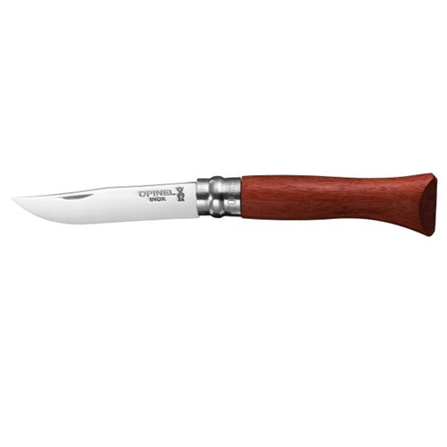 Navaja plegable con hoja de acero inoxidable pulido y mango de madera, con la marca "Opinel" grabada cerca de la empuñadura. El mango es liso y de forma ergonómica con un acabado de madera natural, característico de la serie Cuchillo Opinel N°6 Mango de Padouk.