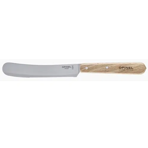 El Cuchillo Opinel para Untar es un cuchillo para mantequilla de acero inoxidable con una hoja recta y un borde dentado en un lado. Cuenta con un mango de madera simple con el logotipo de Opinel grabado en él.