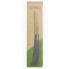Una caja de cartón que contiene un cuchillo de sierra Sierra Opinel N°12 presenta un color tostado con un detalle verde en la parte inferior y una ilustración del cuchillo en el frente.