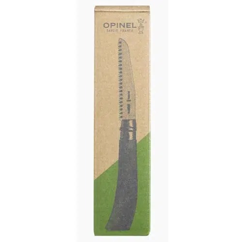 Una caja de cartón que contiene un cuchillo de sierra Sierra Opinel N°12 presenta un color tostado con un detalle verde en la parte inferior y una ilustración del cuchillo en el frente.