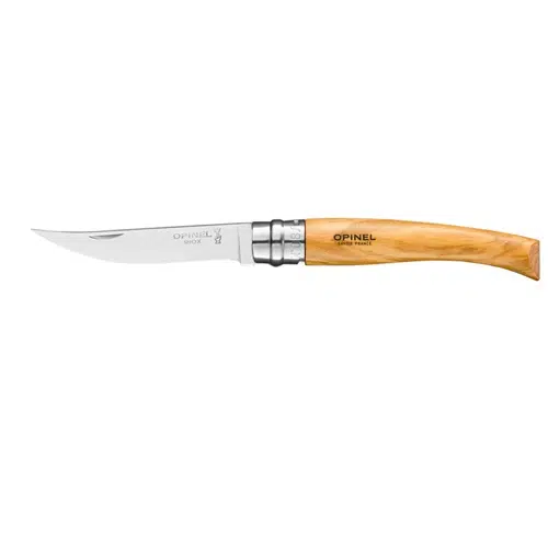 El Cuchillo Opinel N°10 cuenta con una hoja de acero inoxidable pulido y un mango de madera Slim Mango, que presenta el icónico logotipo de Opinel. La hoja está parcialmente abierta y asegurada, mostrando un diseño elegante y clásico.