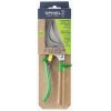 El envase de las tijeras Opinel para Poda muestra una tijera con mango de madera y verde. La etiqueta destaca sus posiciones de corte ajustables y su diseño ergonómico. Junto al mango de la tijera se muestra una ilustración de la hoja en el envase.