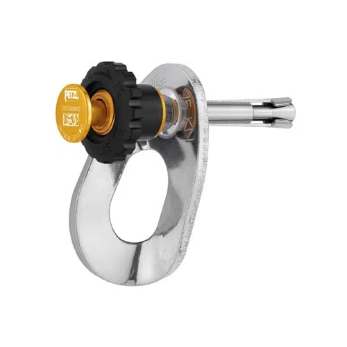 Primer plano del anclaje amovible Petzl Pulse 8 mm, un perno de escalada plateado con un anclaje negro y amarillo. Este perno presenta una placa de metal de forma ovalada con un pomo redondo en la parte superior, que muestra un logotipo y especificaciones, adecuado para escalar o anclarse.