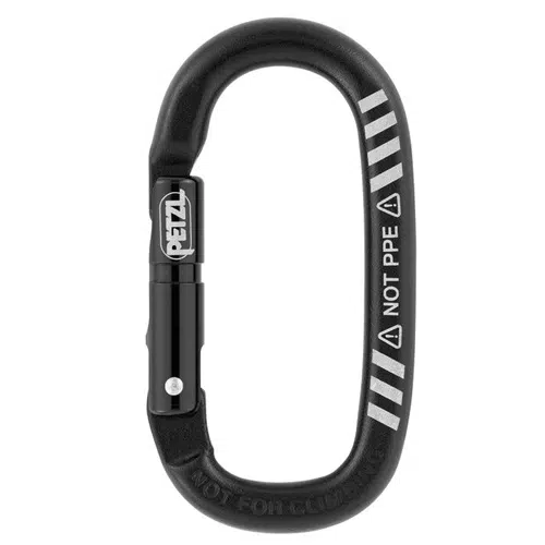 Un Mosquetón Auxiliar Petzl Mino, un mosquetón negro de forma ovalada con mecanismo de bloqueo, presenta marcas de precaución que indican "NO EPP" y "NO PARA ESCALADA", lo que indica que no está diseñado para equipo de protección personal ni para uso en escalada.