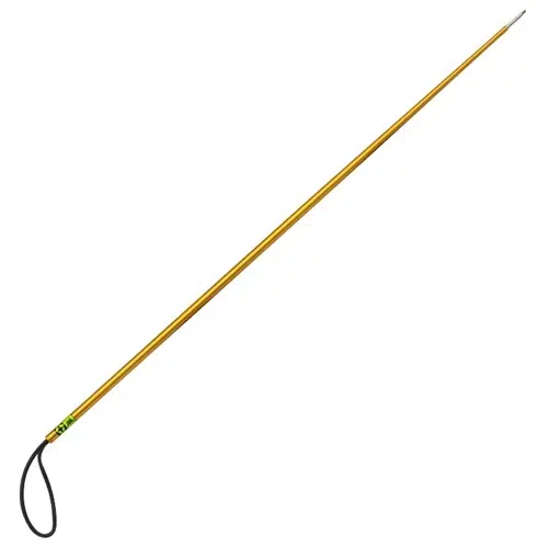El Arpón Manual 4’ + Punta JBL es un bastón telescópico delgado de color amarillo que presenta un pequeño lazo en el extremo del mango y una punta puntiaguda. Esta herramienta ajustable, probablemente diseñada para pescar, cuenta con una superficie lisa y brillante y un diseño compacto y portátil.