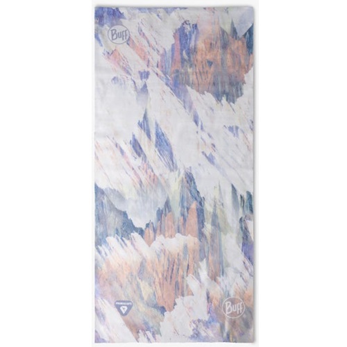 Bandana Buff ThermoNet Blaise White versátil con un colorido patrón abstracto en tonos suaves de azul, durazno y blanco. Su diseño liviano se ve acentuado por el logotipo de ThermoNet® en las esquinas superior izquierda e inferior derecha.