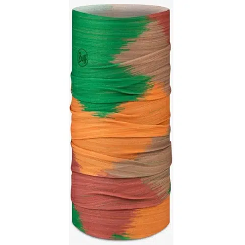 La bandana Buff CoolNet UV Dilm Multi es una prenda cilíndrica multicolor confeccionada con tela elástica y liviana con un diseño sin costuras. Presenta rayas horizontales abstractas vibrantes en tonos verdes, naranjas, marrones y rojos, lo que la hace perfecta para diversas actividades al aire libre.