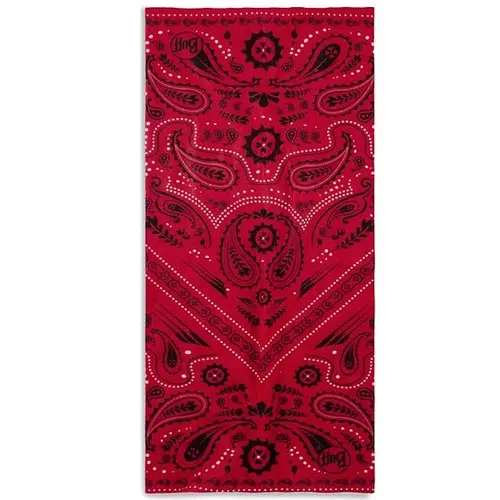 Bandana roja con un intrincado estampado de cachemira negra y pequeños puntos blancos. El diseño es simétrico, con motivos florales y de hojas por todas partes, y los bordes tienen detalles decorativos adicionales. Fabricada con EcoStretch original para mayor comodidad y estilo.