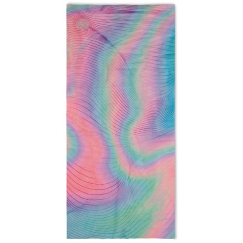 La bandana Buff Original EcoStrech Niños Nacreous Multi es un accesorio vibrante que muestra un patrón de ondas abstracto con tonos de rosa, azul, verde y violeta. El diseño nacarado presenta curvas fluidas que le dan un aspecto dinámico y fluido a la tela.