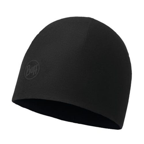 Se muestra un gorro Buff EcoStrech Polar Solid Black de color negro sobre un fondo blanco. El gorro tiene un diseño sencillo y suave con el logotipo de Buff sutilmente grabado en el lateral.