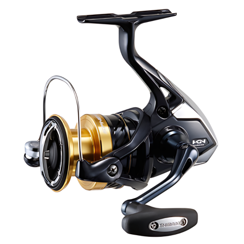 Un primer plano detallado del carrete Shimano Spheros SW muestra su diseño elegante y moderno con un carrete dorado, un marco negro y un mango ergonómico. La marca Shimano es prominente, junto con el indicador HG y detalles técnicos adicionales en el carrete. Su estética general exuda un aspecto duradero y de alta tecnología.