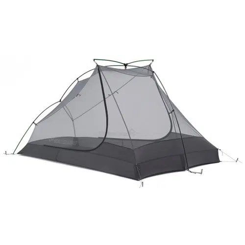 La Carpa Sea To Summit Alto TR2 Bikepack – 2 personas es una tienda de campaña independiente gris y negra que cuenta con un toldo de malla y detalles verdes. Está diseñada para ser liviana, fácil de instalar y con excelente ventilación, lo que la hace perfecta para aventuras al aire libre con un diseño compacto pero espacioso.