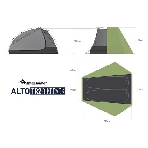 Ilustración de la tienda de campaña para 2 personas Carpa Sea To Summit Alto TR2 Bikepack con sus dimensiones. En la vista lateral, mide 108 cm de alto y 215 cm de largo. En la vista superior, tiene un ancho de 134 cm que se estrecha hasta los 97 cm. El nombre del modelo que se muestra es "Alto TR2 Bikepack".