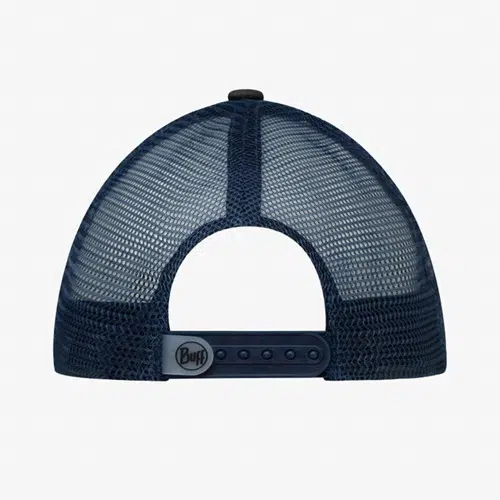 Vista trasera de la Jockey Buff Niños Trucker Smap Multi, una gorra de camionero de malla azul marino con correa ajustable a presión, ideal para los amantes del jockey. El logotipo de la marca es visible en la correa, lo que realza el estilo de este accesorio versátil.
