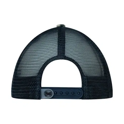 Vista posterior de la gorra Jockey Buff Trucker Darix Multi, que presenta un diseño de malla negra con una correa ajustable a presión. La correa está adornada con un pequeño logotipo de Jockey en el centro.
