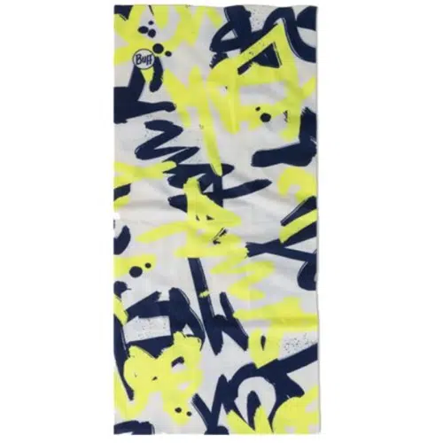 La bandana Buff Original EcoStretch Dovhin Multi es una polaina rectangular para el cuello que presenta un diseño de grafiti abstracto en amarillo, negro y azul sobre un fondo blanco nítido. Sus formas dinámicas y su patrón artístico combinan estilo con la versatilidad de la tela EcoStretch.