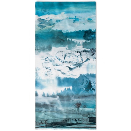 La bandana Buff Original EcoStrech Dusty Blue Sevsi presenta diseños abstractos de montañas y bosques, que se asemejan a pinturas de acuarela para una apariencia artística inspirada en la naturaleza.