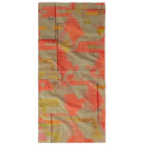 La bandana Buff Original EcoStretch Trem Citronella es un accesorio multifuncional rectangular que presenta un patrón abstracto con formas geométricas en rojo, naranja y amarillo sobre un fondo beige. Está hecha de tela Original EcoStretch y ofrece elasticidad sin costuras para actividades al aire libre e incorpora la comodidad de la citronela.