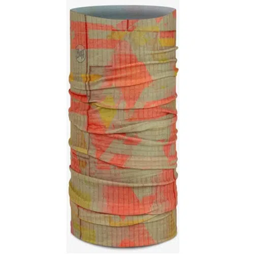 Una prenda para la cabeza multifuncional y cilíndrica con un diseño geométrico colorido en tonos naranja, amarillo y beige. La tela es liviana y parece estar fruncida, lo que muestra su naturaleza elástica y versátil, muy similar a la Bandana Buff Original EcoStretch Trem Citronella.