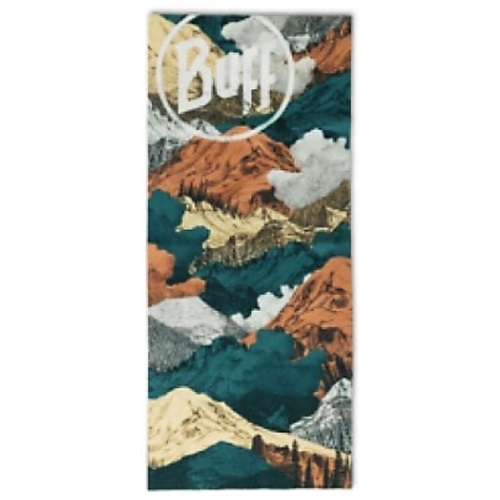 La bandana Buff Original EcoStretch Tsolly Multi es un accesorio para el cuello vibrante y elegante que presenta un patrón de montaña abstracto en tonos de verde, azul, naranja y gris. Muestra de forma destacada la palabra "Buff" en la parte superior para darle un toque especial.