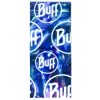 Presentamos la bandana Buff Original EcoStretch en azul Wattr: una polaina para el cuello versátil y cómoda que muestra un logotipo "Buff" blanco repetido sobre un fondo abstracto y arremolinado de diferentes tonos de azul Wattr.