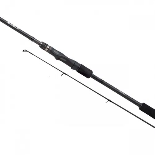 La caña de pescar Caña Shimano Nasci FC cuenta con un elegante acabado negro, un agarre ergonómico y varias guías de línea a lo largo de su longitud para un rendimiento óptimo.