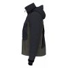 Vista lateral de la Chaqueta de Vadeo Scierra Yosemite, una chaqueta con capucha en gris oscuro y verde oliva con múltiples bolsillos y cierre frontal con cremallera. Cuenta con puños ajustables y está diseñada para uso al aire libre, lo que la hace perfecta para aventuras como caminatas por Yosemite.