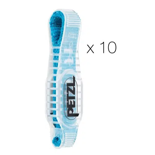 Pack Protector para Cinta Petzl Axess String de color azul y blanco, 10 unidades, con el texto "PATENT PENDING" visible en la carcasa exterior transparente. La imagen muestra "x 10" junto al artículo, lo que confirma que se trata de un conjunto de diez protectores.