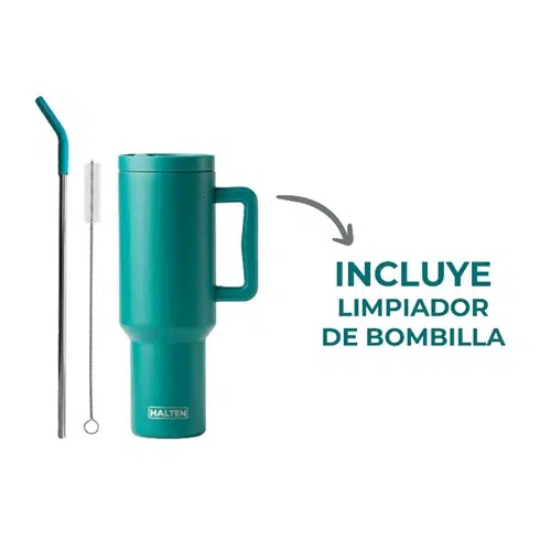 Un Vaso Térmico Quencher Halten 1.2L color turquesa con asa se exhibe junto a una pajita de metal y un cepillo de limpieza, con una flecha que indica los artículos acompañada del texto "INCLUYE LIMPIADOR DE BOMBILLA".