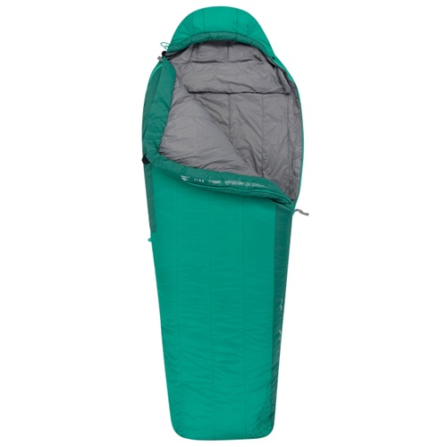 Saco de dormir Pluma Sea To Summit Traverse TvII -4 °C verde con interior gris, parcialmente abierto y desplegado, resaltando su capucha y diseño acolchado. Ideal para temperaturas tan bajas como -4 °C, este saco de dormir garantiza comodidad al aire libre.