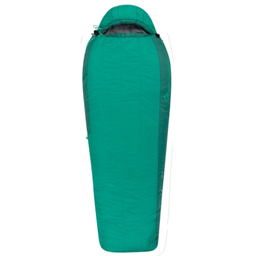 El saco de dormir Pluma Sea To Summit Traverse TvII -4°C es un saco de dormir tipo momia con capucha en color verde azulado, lo que lo convierte en una excelente opción para acampar. Cuando está extendido, parece lujoso y garantiza calidez y comodidad para esas noches frías bajo las estrellas.