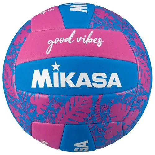 El Balón Playa Voleibol MIKASA BV354TV, con paneles en vibrantes colores azul y rosa adornados con diseños florales, es un balón de voleibol colorido. La palabra "Mikasa" se destaca de manera prominente en blanco, mientras que la palabra "buenas vibras" está escrita elegantemente en cursiva en uno de los paneles rosados. Ideal para divertirse en la playa, este balón de voleibol le brinda alegría a cada juego.