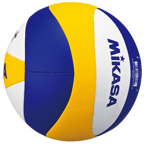 El Balón Playa Voleibol Oficial MIKASA VLS300 es un balón de voleibol vibrante con paneles en azul, amarillo y blanco, que muestran de forma destacada la marca "MIKASA".