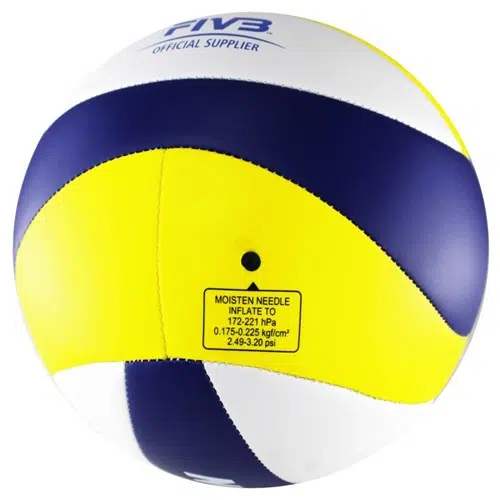 El balón de vóley playa MIKASA VXL30 cuenta con un diseño vibrante en azul, amarillo y blanco. Al ser el "proveedor oficial de la FIVB", este balón incluye una etiqueta con pautas específicas de presión de inflado.
