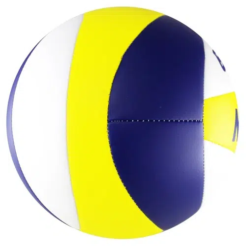 El Balón Playa Voleibol MIKASA VXL30 es un balón de vóleibol de playa alegre, adornado con paneles azules, amarillos y blancos y costuras visibles. Este balón de vóleibol está dividido uniformemente en secciones vibrantes, capturando el estilo clásico de los equipos deportivos.