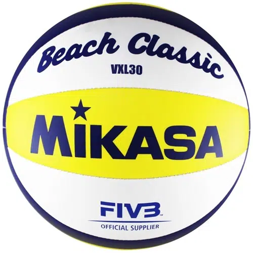 El Balón Playa Voleibol MIKASA VXL30 presenta un diseño en amarillo y blanco con texto en azul. Las palabras "Beach Classic" están en la parte superior, "Mikasa" en el centro y el logotipo de la FIVB (Federación Internacional de Voleibol) en la parte inferior.