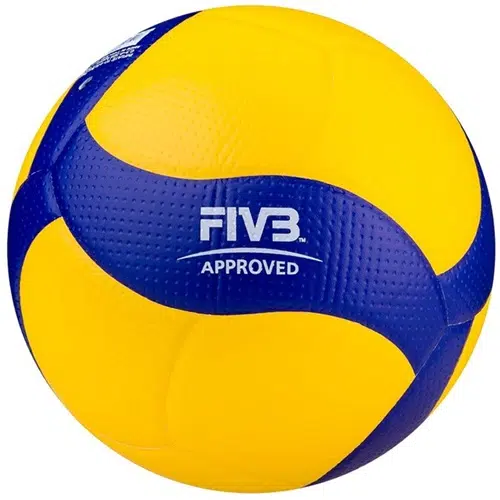 El Balón de Voleibol Oficial MIKASA V200W, marcado "FIVB APPROVED", presenta un patrón en espiral de segmentos azules sobre un fondo amarillo vibrante.