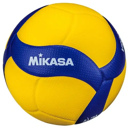 El Balón Voleibol Oficial MIKASA V200W presenta un diseño único en amarillo y azul con una superficie texturizada. Las secciones amarillas forman un patrón entrelazado curvo con las secciones azules, y la marca "Mikasa" se muestra de forma destacada en letras blancas en una de las secciones azules.