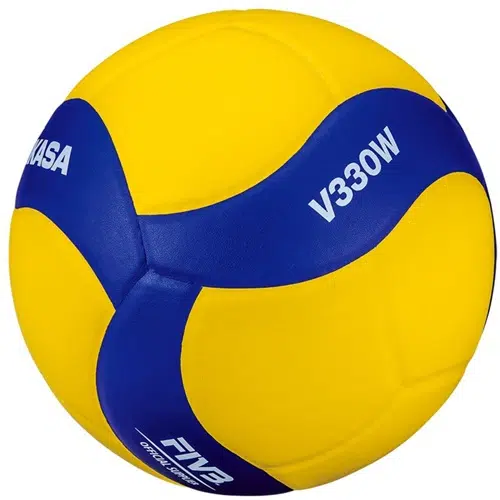 El Balón de Voleibol MIKASA V330W presenta un diseño vibrante en amarillo y azul con llamativos patrones de colores, mostrando de manera prominente el texto "V330W" y el logotipo "FIVB" para resaltar su calidad superior.