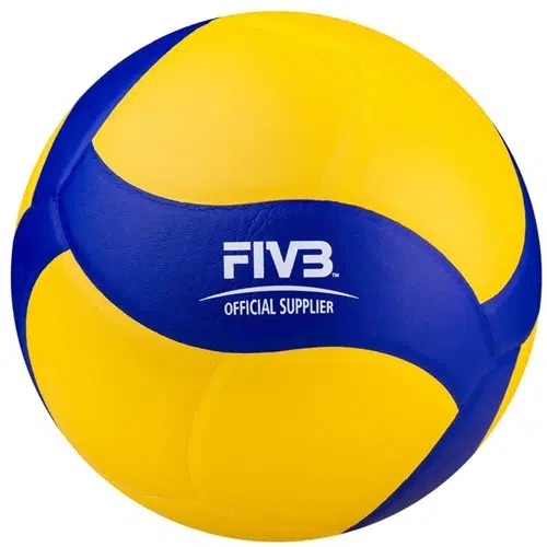 Un balón de voleibol con paneles azules curvados sobre un fondo amarillo, completo con el logotipo de la FIVB y el texto "Proveedor Oficial", similar al Balón Voleibol MIKASA V330W.