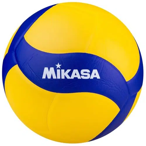 Balón de voleibol con un patrón curvo alternado de paneles amarillos y azules y la marca "Mikasa" impresa en letras blancas en el frente. El producto se llama Balón Voleibol MIKASA V330W.
