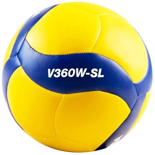 El vibrante balón de voleibol amarillo y azul, conocido como "Balón Voleibol MIKASA V360W-SL", presenta un diseño de panel distintivo.